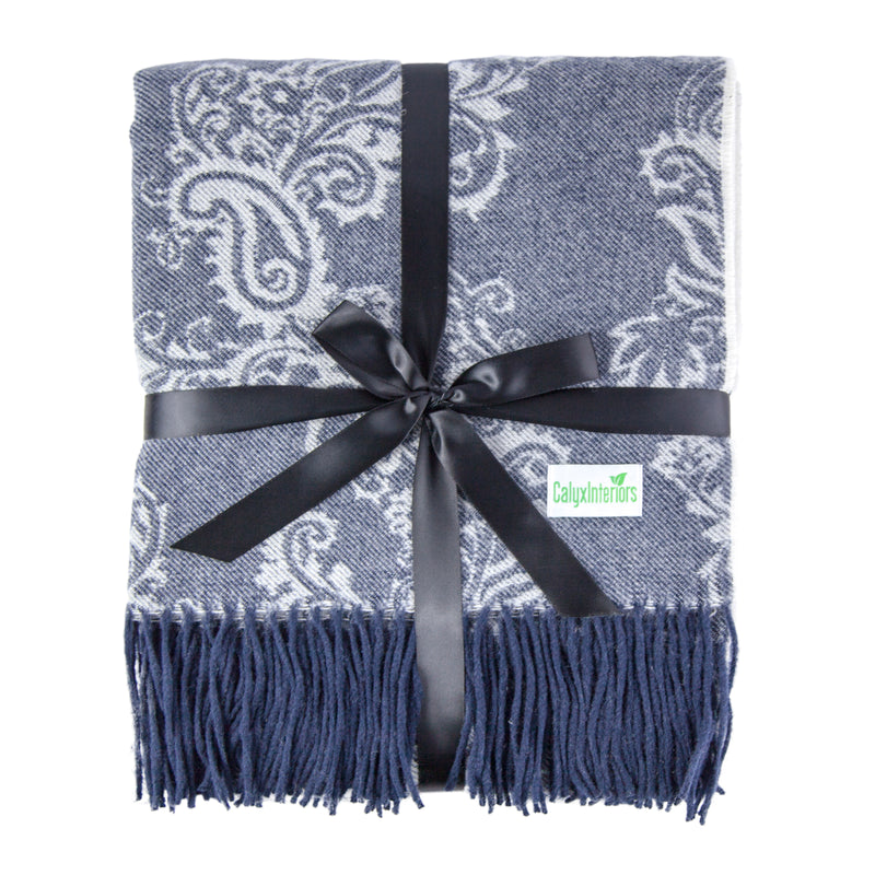 Calyx Interiors Damask Lambswool Blend Throw Blankets Navy/gray with navy fringe