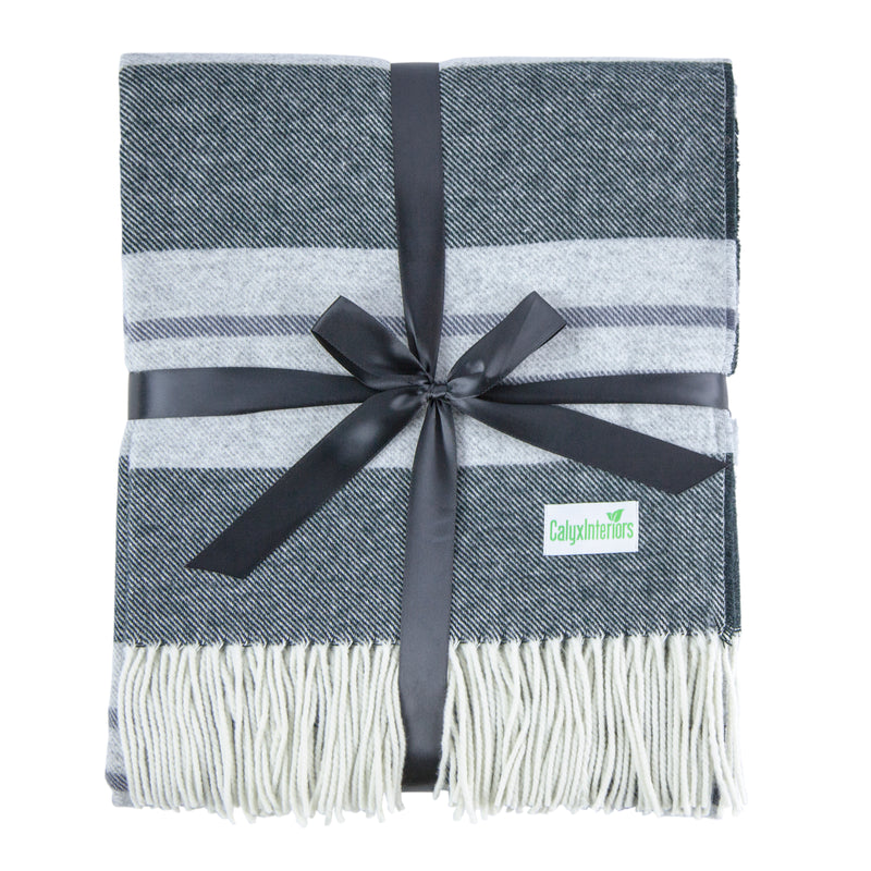 Calyx Interiors Classic Striped Lambswool Blend Throw Blankets Charcoal/Gray with white fringe