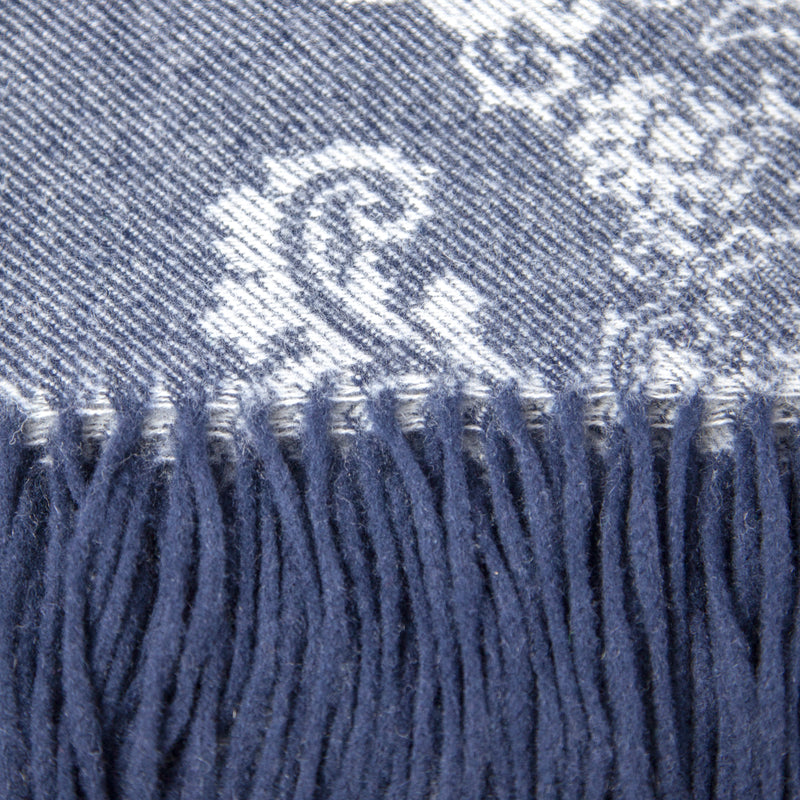 Calyx Interiors Damask Lambswool Blend Throw Blankets Navy/gray with navy fringe