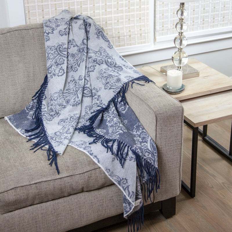 Calyx Interiors Damask Lambswool Blend Throw Blankets Navy/gray with navy fringe