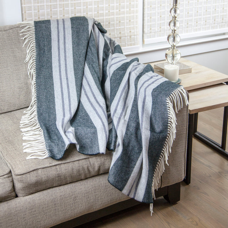 Calyx Interiors Classic Striped Lambswool Blend Throw Blankets Charcoal/Gray with white fringe